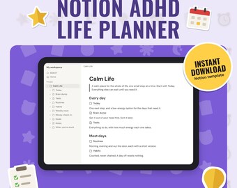 Notion ADHD Life Planner Template | Today Dashboard, Brain Dump, Tasks by Energy, Routines, Habit Tracker With No Streaks, Weekly Reset