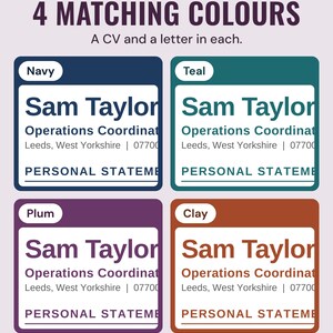 The example CV heading in four colours, navy, teal, plum and clay, under the headline 4 matching colours, and the line A CV and a letter in each.