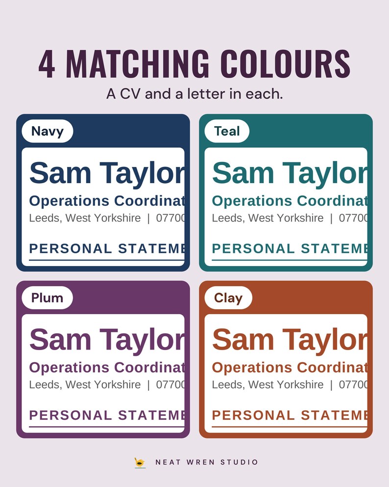 The example CV heading in four colours, navy, teal, plum and clay, under the headline 4 matching colours, and the line A CV and a letter in each.