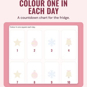 The countdown chart with a numbered square to colour in for each day, under the headline Colour one in each day, and the line A countdown chart for the fridge.