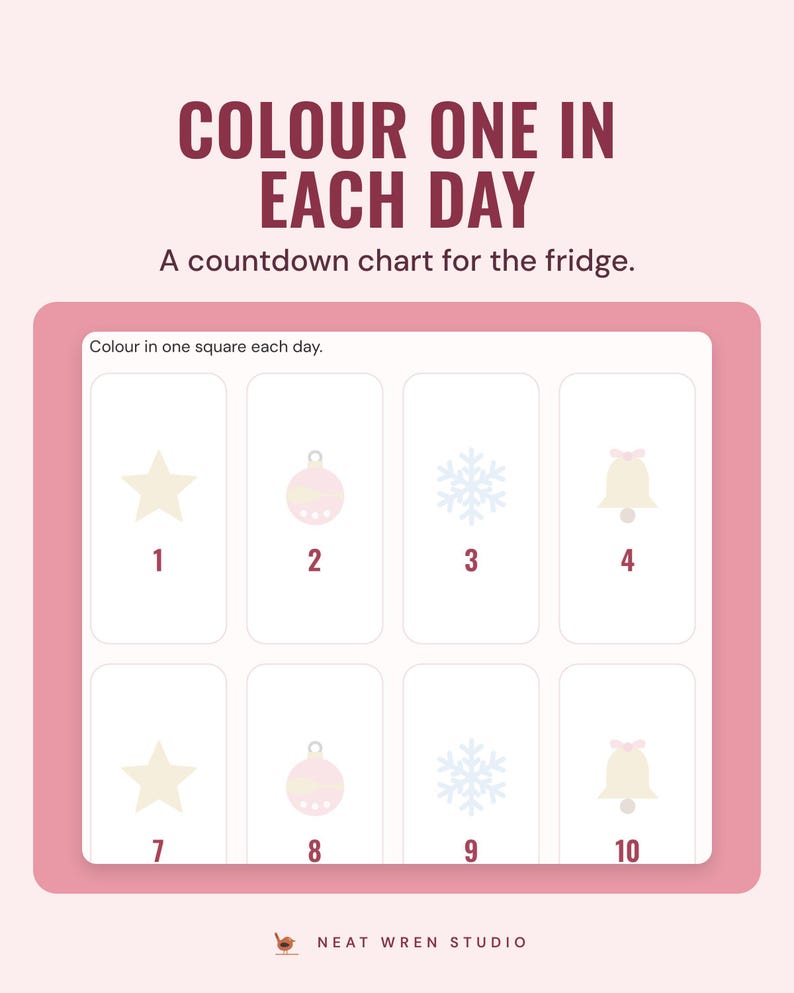 The countdown chart with a numbered square to colour in for each day, under the headline Colour one in each day, and the line A countdown chart for the fridge.