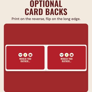 Two red Would you rather card backs, under the headline Optional card backs, and the line Print on the reverse, flip on the long edge.
