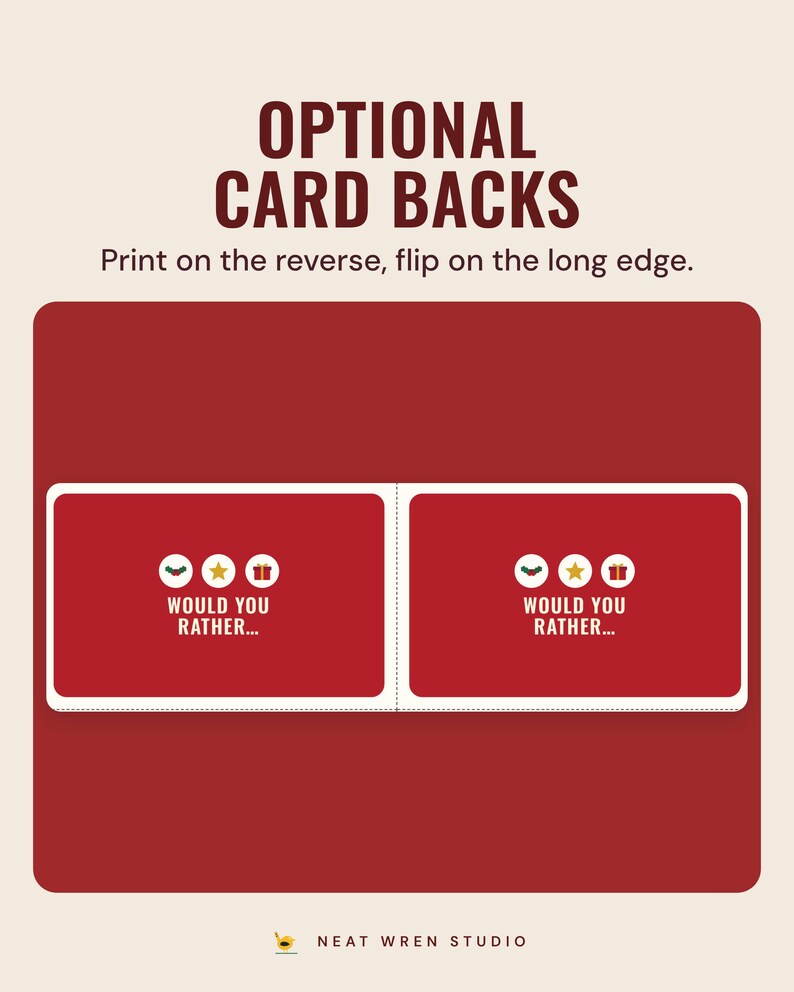 Two red Would you rather card backs, under the headline Optional card backs, and the line Print on the reverse, flip on the long edge.