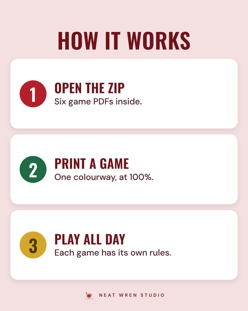 Three numbered steps under the headline How it works: open the zip of six game PDFs, print a game in one colourway at 100%, and play all day.