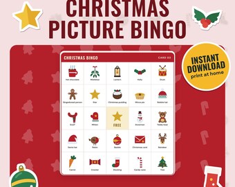 Christmas Bingo Printable | 30 Picture Bingo Cards, Caller Sheet, Family and Kids Christmas Game, 4 Colourways