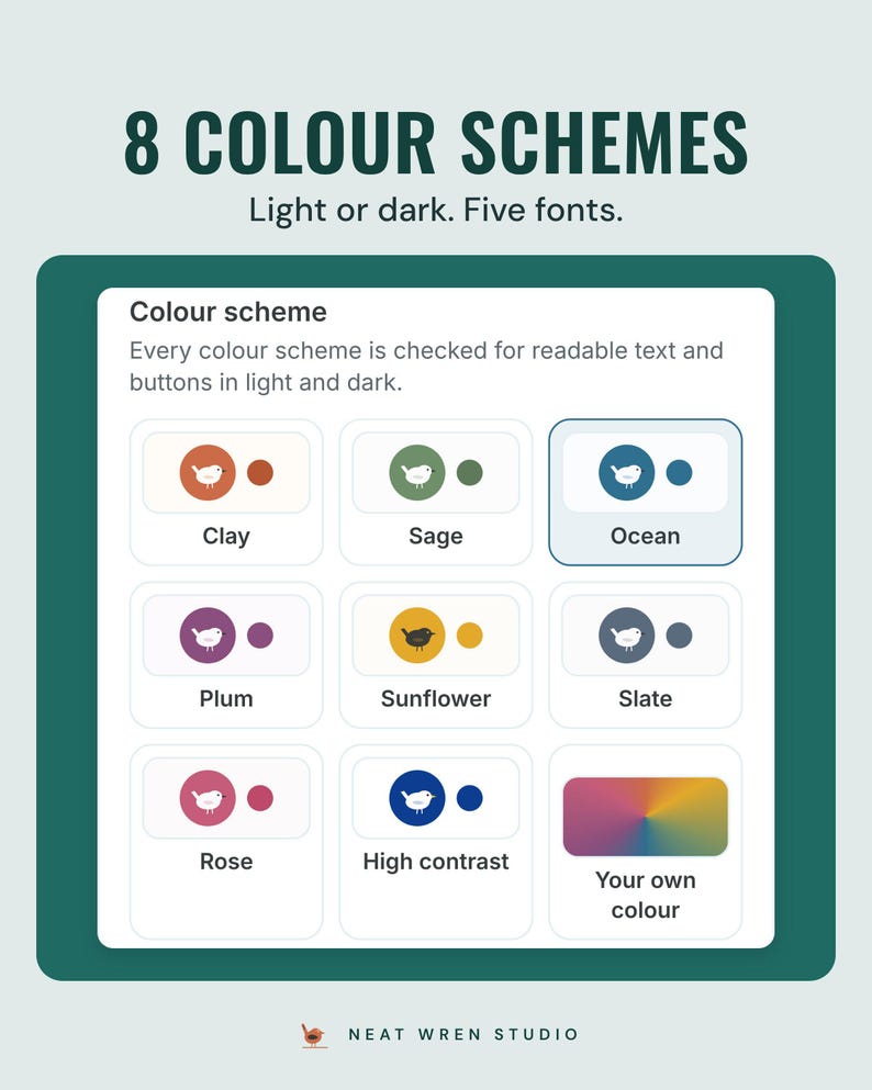 The app's colour scheme picker with Clay, Sage, Ocean, Plum, Sunflower, Slate, Rose, High contrast and your own colour, under the headline 8 colour schemes.