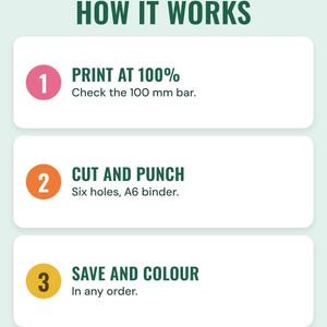 How it works: print at 100% and check the 100 mm bar, cut and punch for an A6 binder, save and colour in any order.