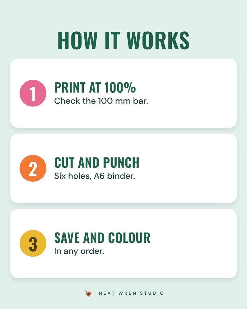 How it works: print at 100% and check the 100 mm bar, cut and punch for an A6 binder, save and colour in any order.