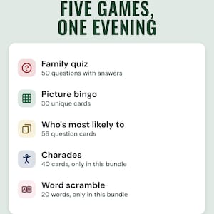 A white card under the headline Five games, one evening: a 50-question family quiz, picture bingo with 30 cards, who's most likely to, and charades and word scramble, only in this bundle.