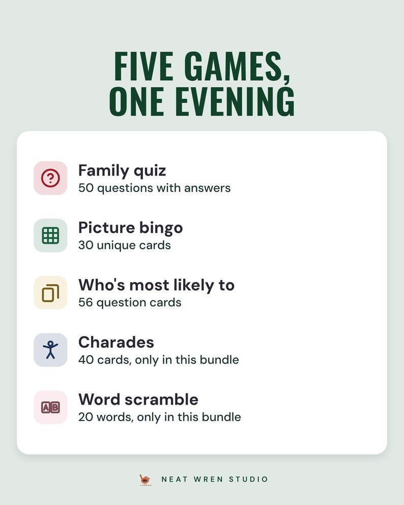 A white card under the headline Five games, one evening: a 50-question family quiz, picture bingo with 30 cards, who's most likely to, and charades and word scramble, only in this bundle.