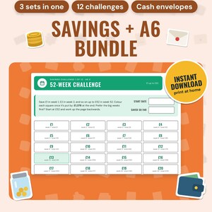 Savings Challenge and A6 Budget Binder Bundle | 12 Savings Challenges, Cash Envelope Trackers, Sinking Funds | Pounds, Dollars, Any Currency