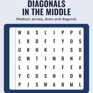 A medium Christmas word search grid of capital letters, under the headline Diagonals in the middle, and the line Medium: across, down and diagonal.