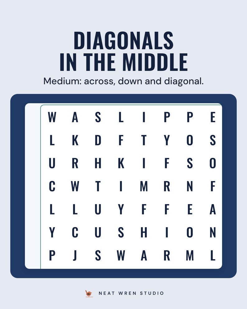 A medium Christmas word search grid of capital letters, under the headline Diagonals in the middle, and the line Medium: across, down and diagonal.