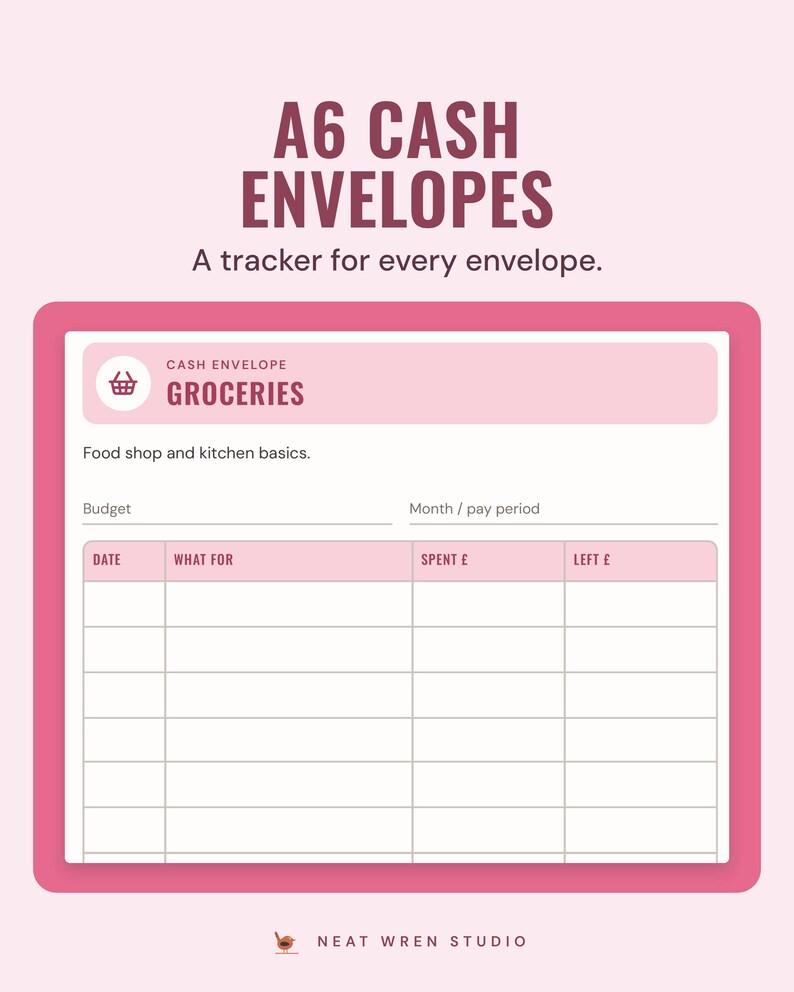 An A6 Groceries cash envelope tracker with budget, month and a spending log.
