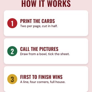 Three numbered steps under the headline How it works: print the cards (two per page, cut in half), call the pictures (draw from a bowl, tick the sheet) and first to finish wins (a line, four corners, full house).
