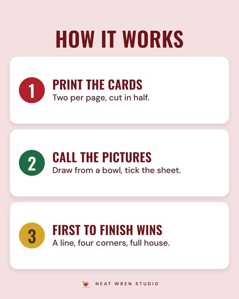Three numbered steps under the headline How it works: print the cards (two per page, cut in half), call the pictures (draw from a bowl, tick the sheet) and first to finish wins (a line, four corners, full house).