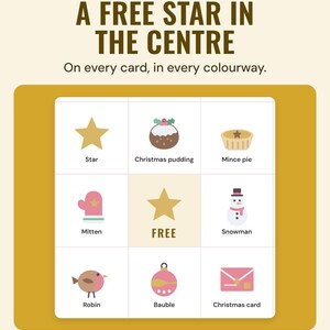 The middle of a bingo card with a gold FREE star surrounded by pictures such as a pudding, mince pie and snowman, under the headline A free star in the centre.