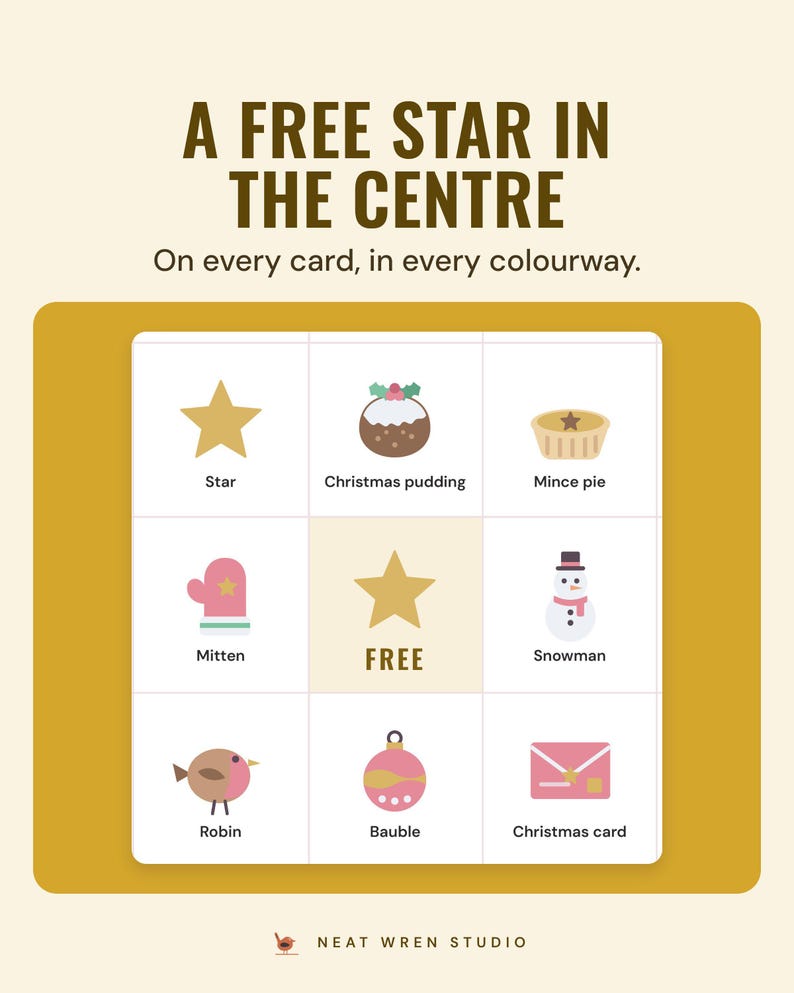 The middle of a bingo card with a gold FREE star surrounded by pictures such as a pudding, mince pie and snowman, under the headline A free star in the centre.