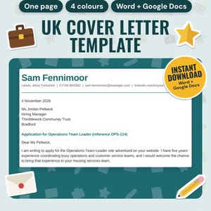 UK Cover Letter Template: main listing photo showing the product with an 'Instant download' badge and flat briefcase, star, envelope and pencil icons. Digital product from Neat Wren Studio.