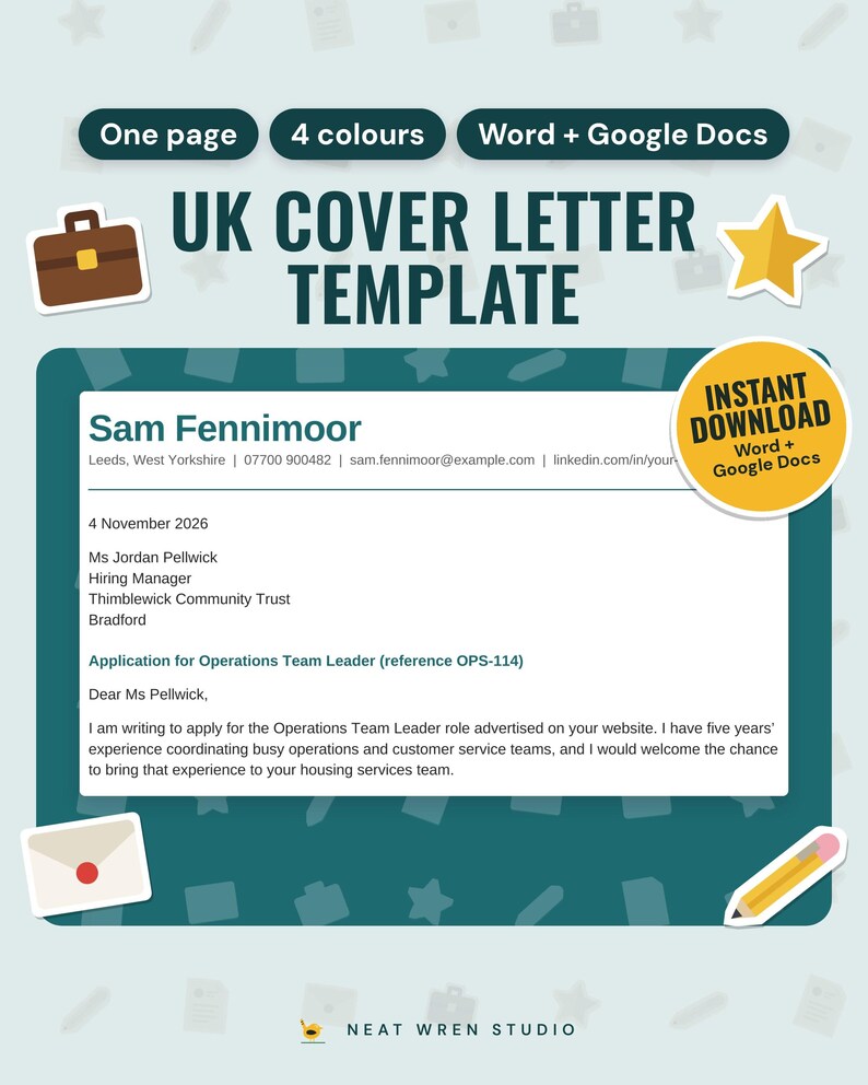 UK Cover Letter Template: main listing photo showing the product with an 'Instant download' badge and flat briefcase, star, envelope and pencil icons. Digital product from Neat Wren Studio.