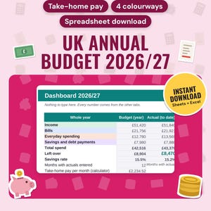 UK Budget Spreadsheet 2026/27: main listing photo showing the product with an 'Instant download' badge and flat banknote, receipt, piggy bank and coins icons. Digital product from Neat Wren Studio.
