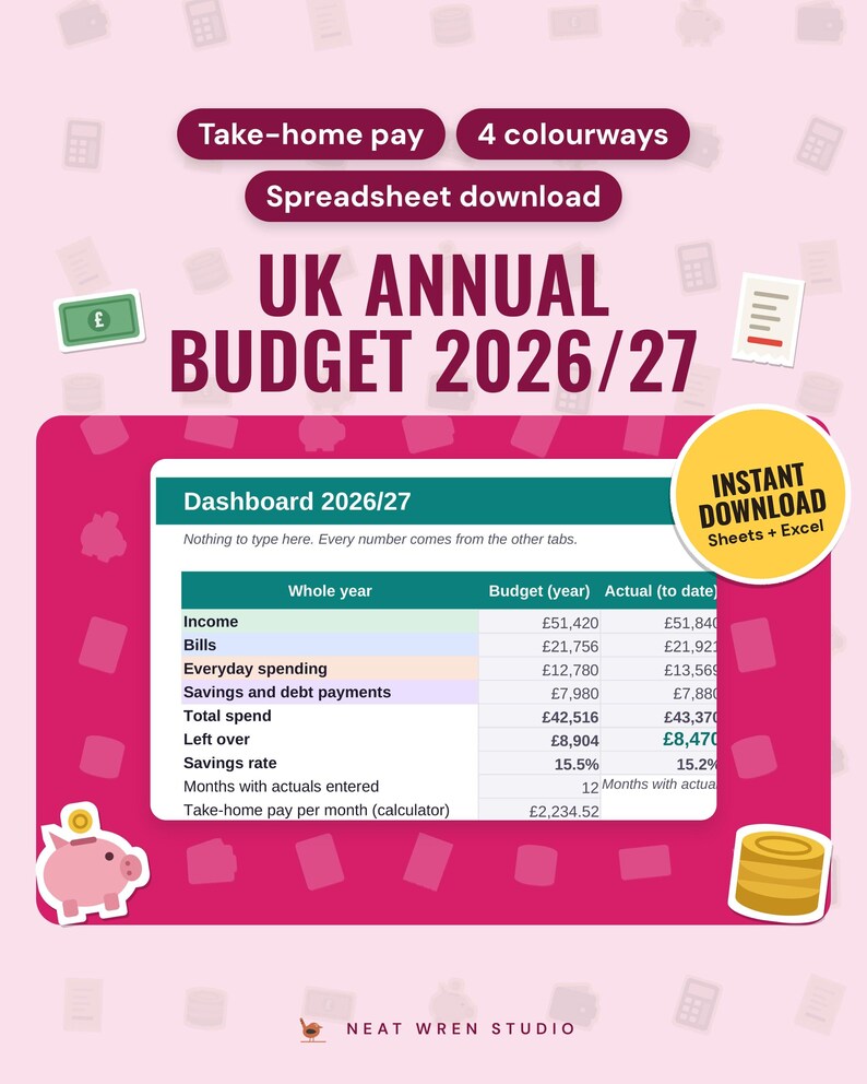UK Budget Spreadsheet 2026/27: main listing photo showing the product with an 'Instant download' badge and flat banknote, receipt, piggy bank and coins icons. Digital product from Neat Wren Studio.