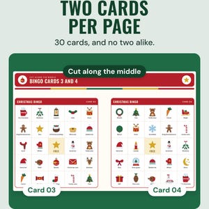 Two Christmas bingo cards printed on one page with a cut along the middle line, under the headline Two cards per page, and the line 30 cards, and no two alike.