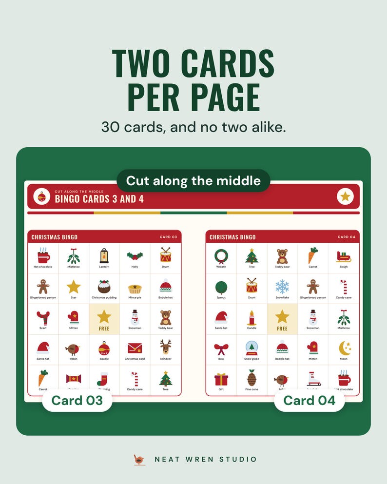 Two Christmas bingo cards printed on one page with a cut along the middle line, under the headline Two cards per page, and the line 30 cards, and no two alike.