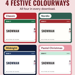 The same Snowman pictionary card in four colourways, Classic, Nordic, Midnight and Pastel Christmas, under the headline 4 festive colourways.