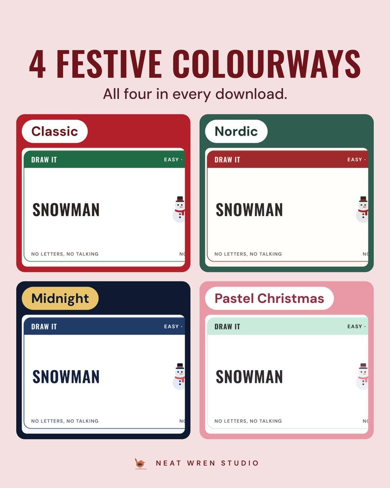The same Snowman pictionary card in four colourways, Classic, Nordic, Midnight and Pastel Christmas, under the headline 4 festive colourways.