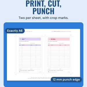 An A4 sheet holding two A6 inserts with crop marks, a dashed cut line and a 100 mm scale bar; callouts read Exactly A6 and 12 mm punch edge.