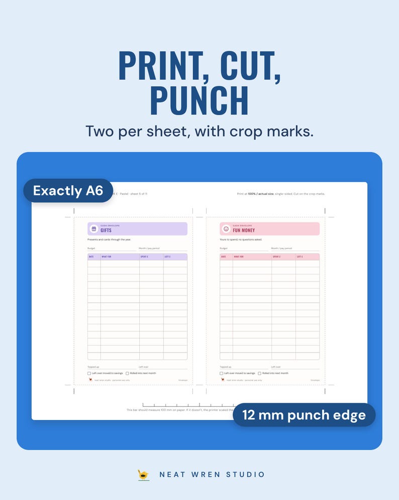 An A4 sheet holding two A6 inserts with crop marks, a dashed cut line and a 100 mm scale bar; callouts read Exactly A6 and 12 mm punch edge.