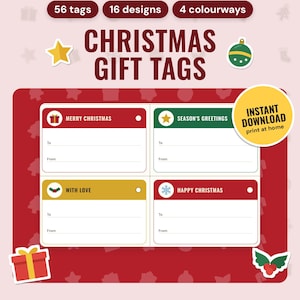 Printable Christmas Gift Tags: main listing photo showing the product with an 'Instant download' badge and flat star, bauble, present and holly icons. Digital product from Neat Wren Studio.