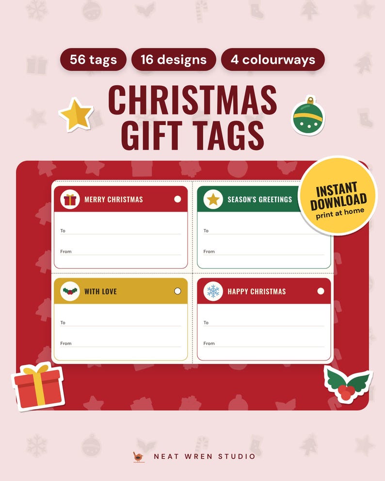 Printable Christmas Gift Tags: main listing photo showing the product with an 'Instant download' badge and flat star, bauble, present and holly icons. Digital product from Neat Wren Studio.