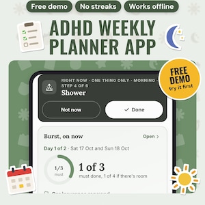 ADHD Planner App: main listing photo showing the product with a 'Free demo' badge and flat checklist, moon, calendar and sun icons. Digital product from Neat Wren Studio.