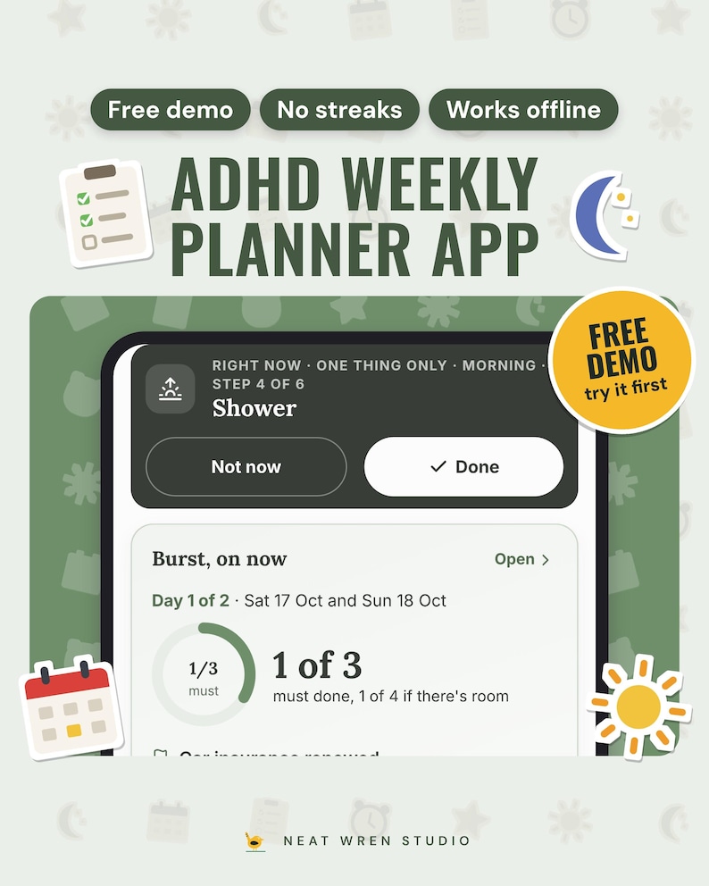 ADHD Planner App: main listing photo showing the product with a 'Free demo' badge and flat checklist, moon, calendar and sun icons. Digital product from Neat Wren Studio.