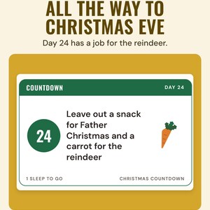 The day 24 countdown card: leave out a snack for Father Christmas and a carrot for the reindeer, under the headline All the way to Christmas Eve.
