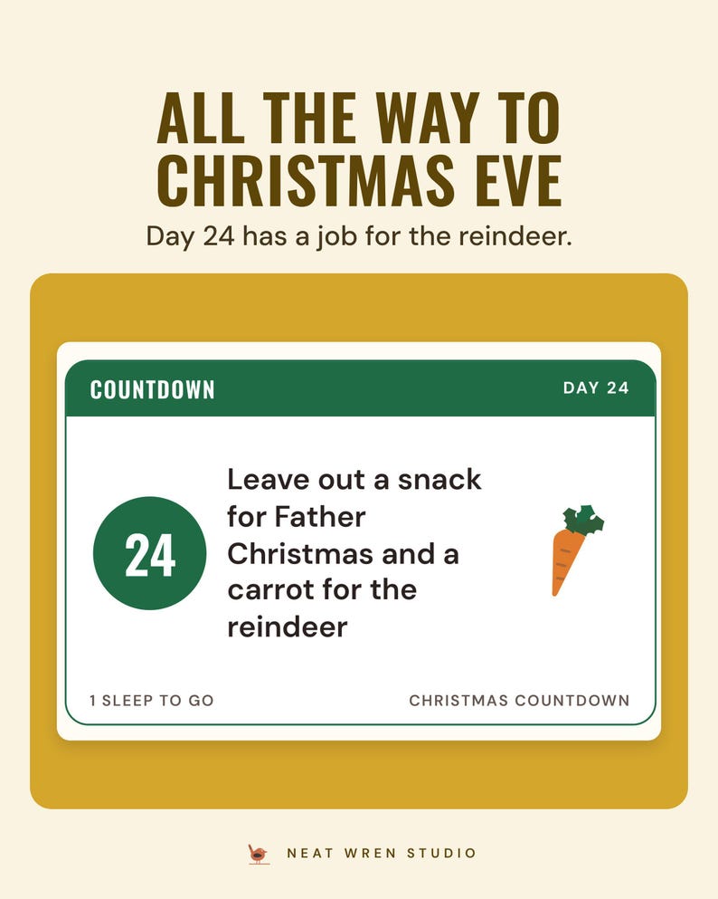 The day 24 countdown card: leave out a snack for Father Christmas and a carrot for the reindeer, under the headline All the way to Christmas Eve.