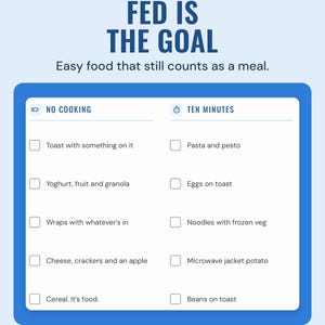 The easy food menu with no cooking and ten minutes columns, such as toast with something on it and pasta and pesto, under the headline Fed is the goal.