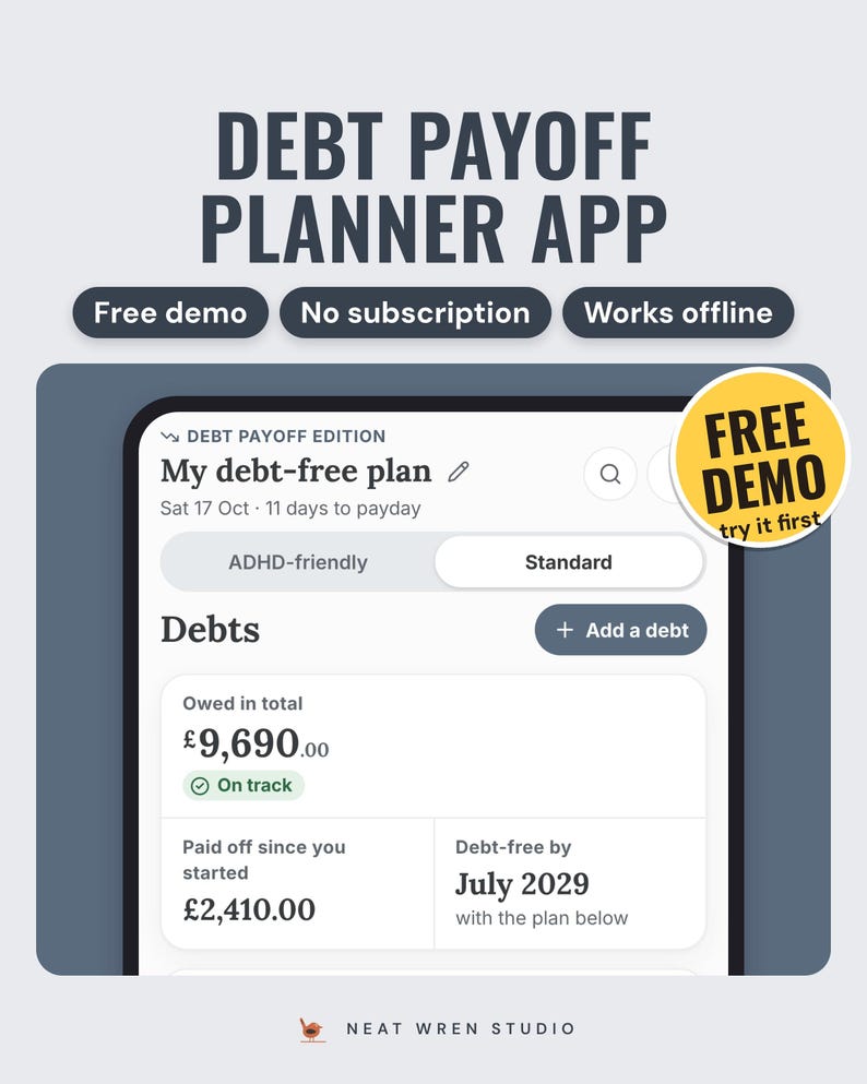 Debt payoff planner app on a phone: Debts screen with £9,690 owed and debt-free by July 2029, with a Free demo sticker