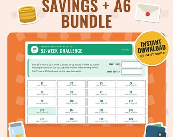 Savings Challenge and A6 Budget Binder Bundle | 12 Savings Challenges, Cash Envelope Trackers, Sinking Funds | Pounds, Dollars, Any Currency