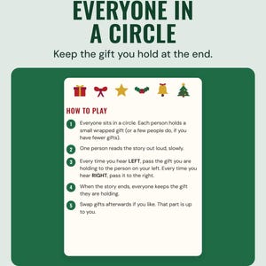 The left right game how to play page with five steps, under the headline Everyone in a circle, and the line Keep the gift you hold at the end.