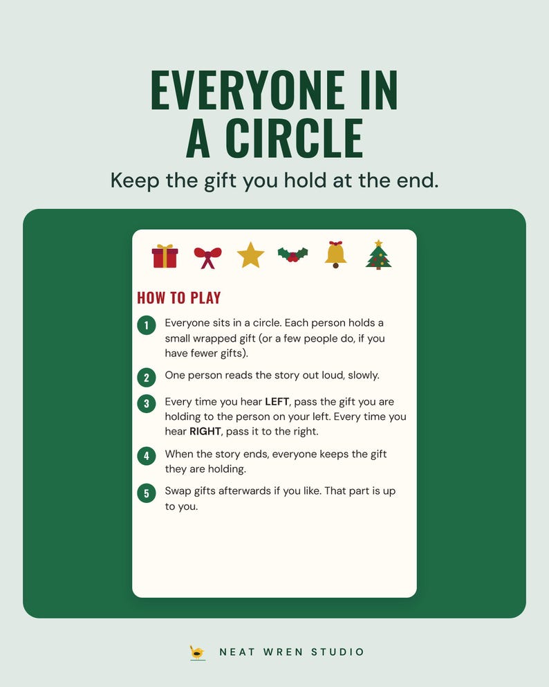 The left right game how to play page with five steps, under the headline Everyone in a circle, and the line Keep the gift you hold at the end.