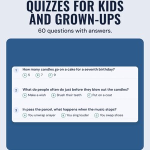 Kids' birthday quiz questions with three answer choices each; the bundle has kids' and grown-ups' quizzes, 60 questions.