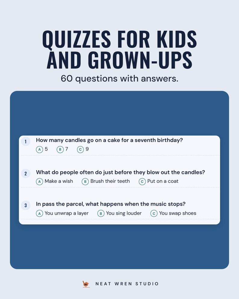 Kids' birthday quiz questions with three answer choices each; the bundle has kids' and grown-ups' quizzes, 60 questions.