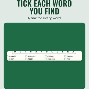 The word list under a puzzle with a tick box beside each word, such as blanket, slippers, cocoa and candle, under the headline Tick each word you find.