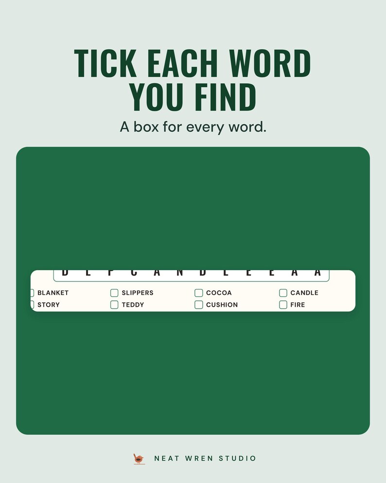 The word list under a puzzle with a tick box beside each word, such as blanket, slippers, cocoa and candle, under the headline Tick each word you find.