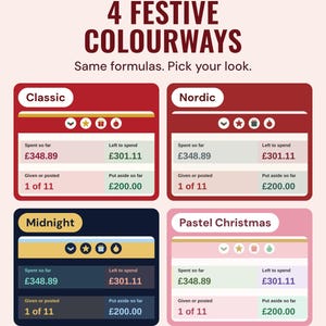 The Christmas budget dashboard with £301.11 left to spend in four colourways, Classic, Nordic, Midnight and Pastel Christmas, under the headline 4 festive colourways.