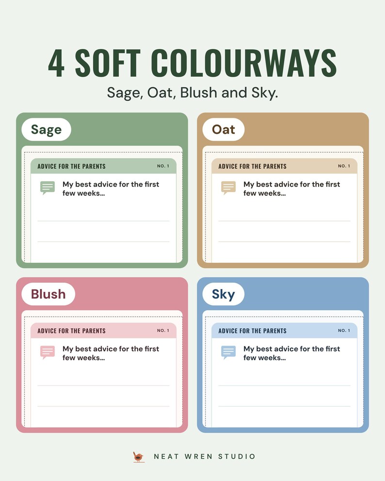The advice for the parents card in four soft colourways: Sage, Oat, Blush and Sky.