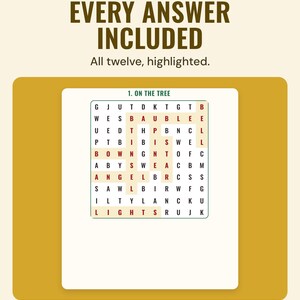 The answer page for the On the tree puzzle with every hidden word highlighted in red, under the headline Every answer included, and the line All twelve, highlighted.